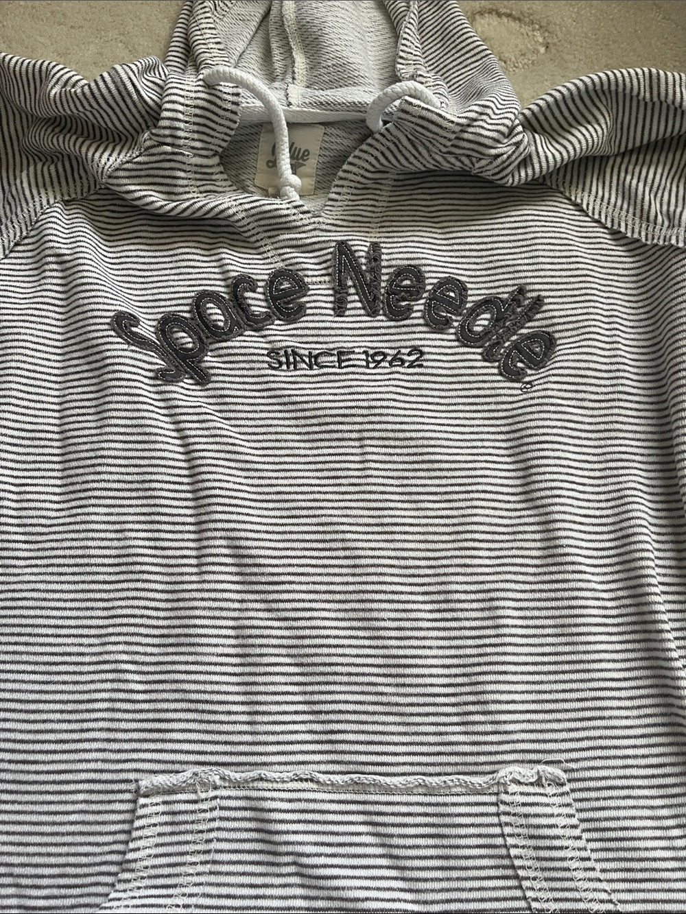 Space Needle 2X Striped Hoodie - White & Gray. Distressed.